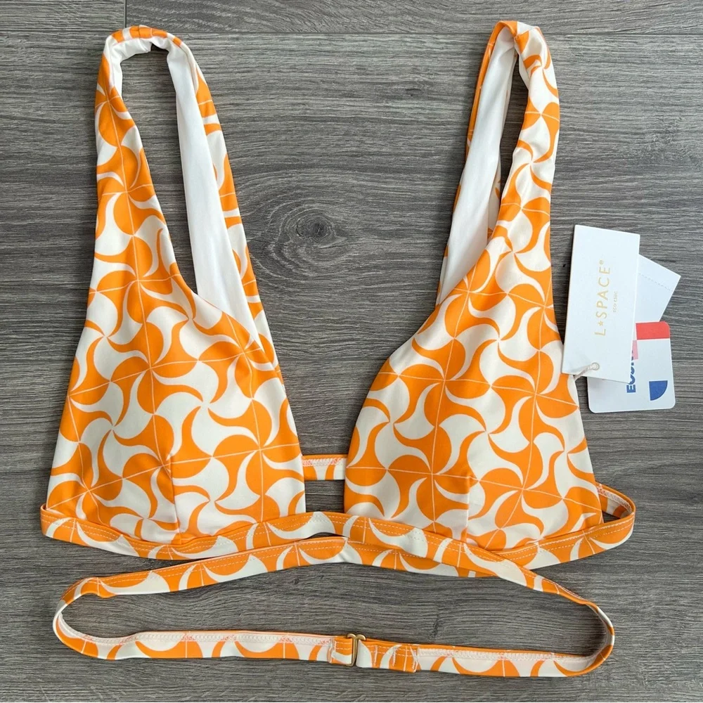 L*SPACE Avery Bikini Top Large Orange White Wrap Around Swimwear Retro 70s Boho